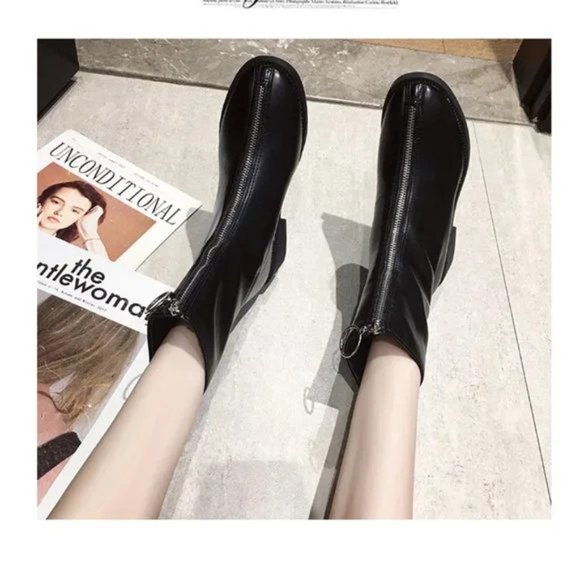 New Front Zipper Round Toe Chunky Heel All-match Mid-Cut Martin Boots - Picture 7 of 8